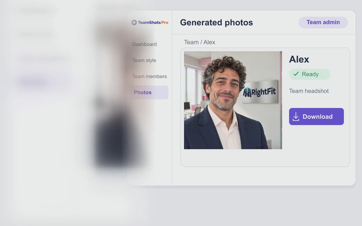 Admin gallery showing Alex’s finished team headshot